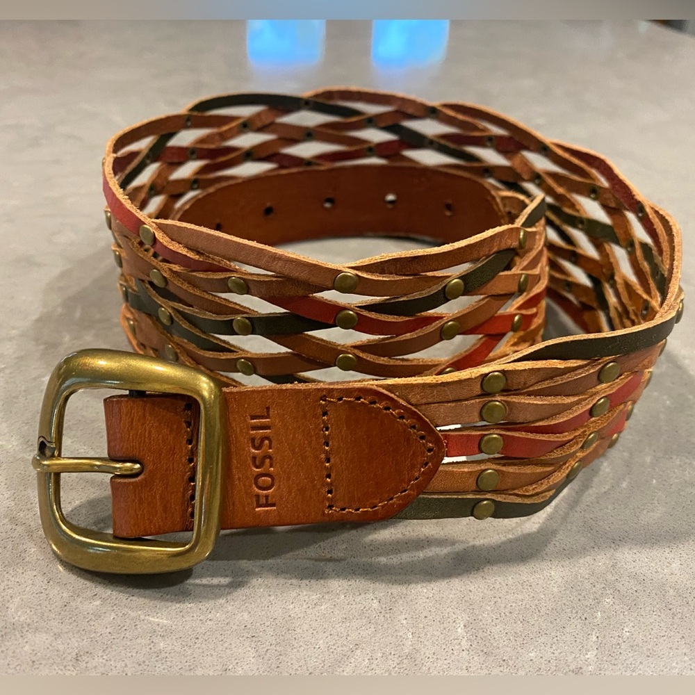 Fossil Leather Studded Open Weave Braided Belt Boho Brown Bronze Green Red Small